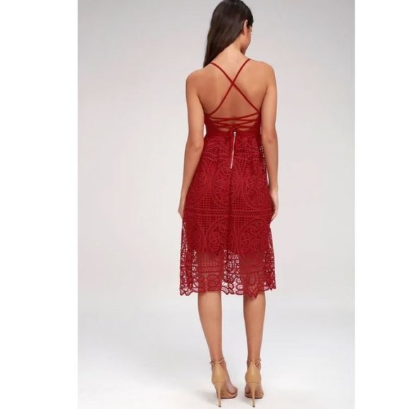 Lulus Real Life Dream Berry Red Lace Midi Dress - Picture 4 of 7